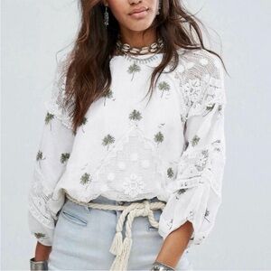 Free People White and Green Lace Blouse